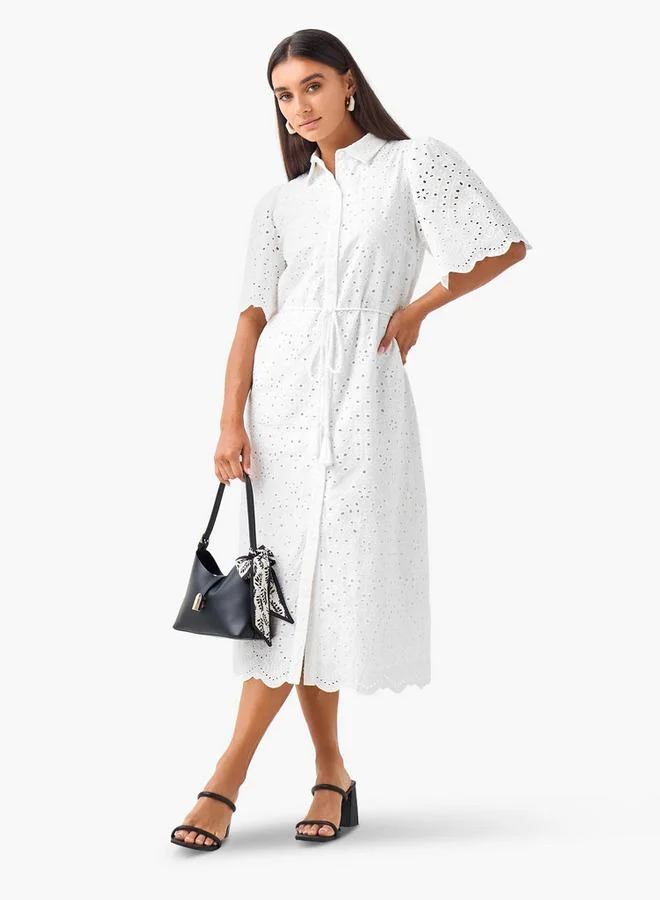 2Xtremz 2Xtremz Schiffili Embroidered Women Shirt Dress with Tie-Up Belt Cotton